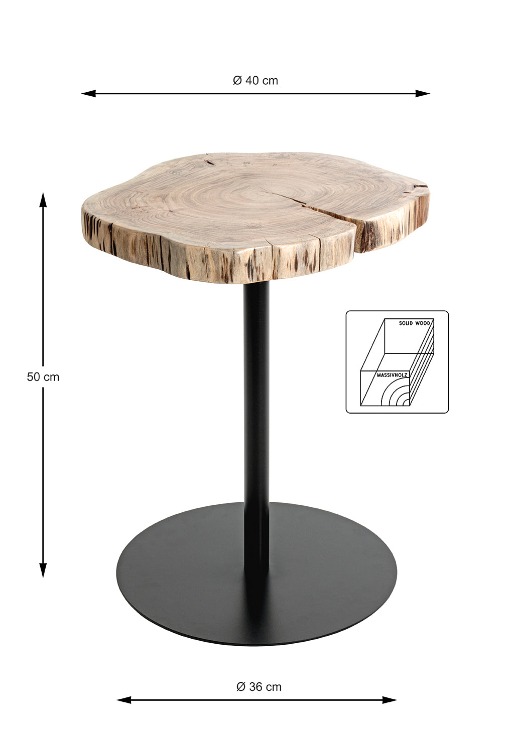 HAKU Möbel Beistelltisch aus Massivholz Baumkante in Braun, Ø 40 cm, H 50 cm