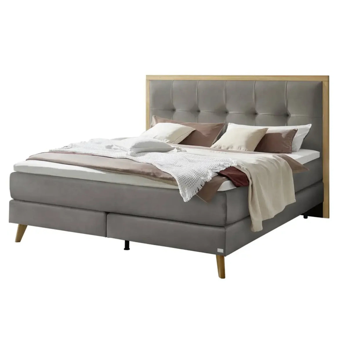 Modernes Boxspringbett grau mit Holzkopfteil, Polsterung und Metallbeinen - Premium Schlafzimmermöbel