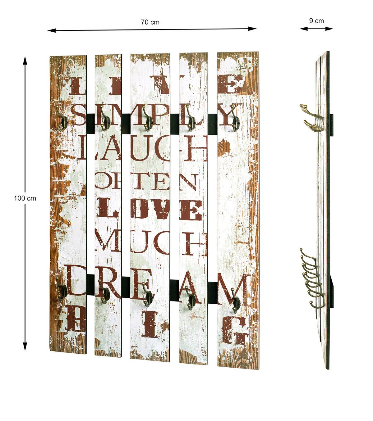 HAKU Möbel Wandgarderobe aus MDF Motiv Schriftzug in Weiss 70 x 9 x 100 cm