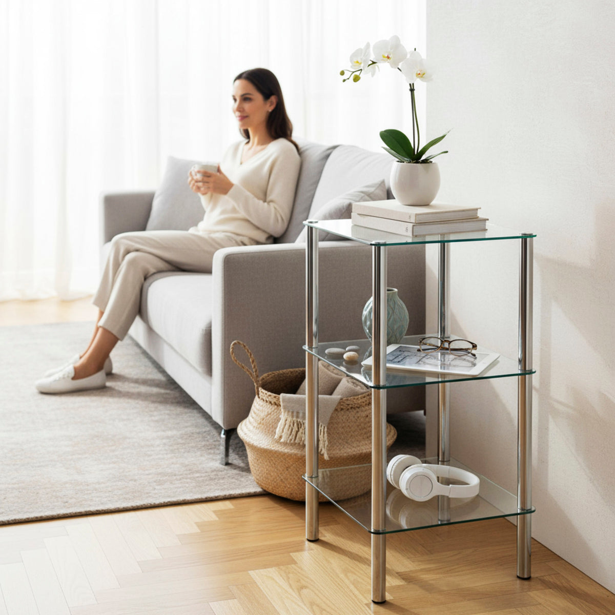 HAKU Möbel Regal aus Metall mit Glas in Silber B 39 cm H 77-107 cm, 39 x 39 cm, H 77 cm