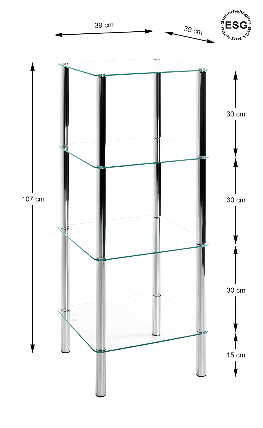 HAKU Möbel Regal aus Metall mit Glas in Silber B 39 cm H 77-107 cm, 39 x 39 cm, H 107 cm