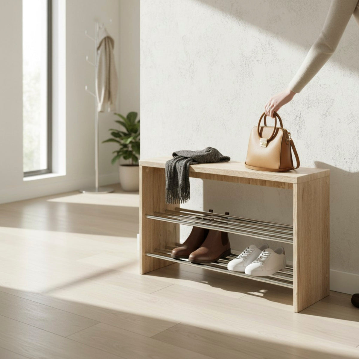 HAKU Möbel Schuhbank aus MDF kratzunempfindlich in Chrom, Eiche San Remo