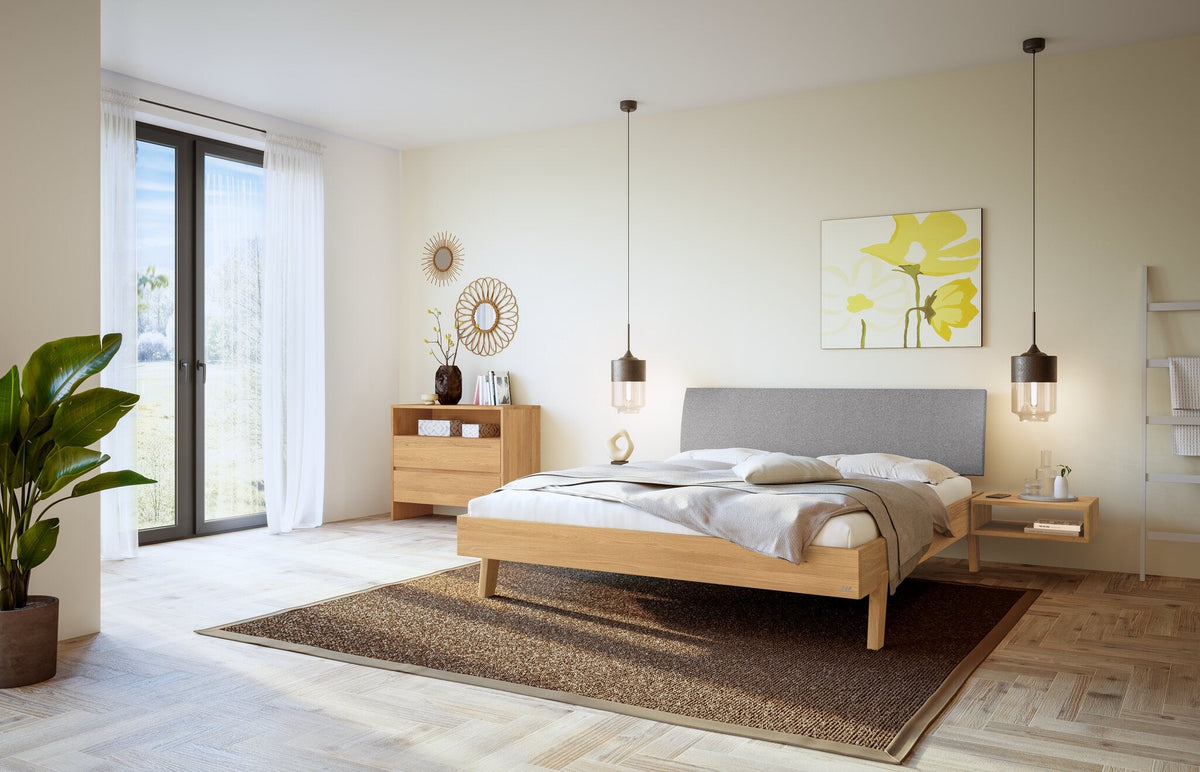 Hasena Lorenzo Bettgestell – 90 x 200 cm, Fusshöhe 25 cm, Eiche bright, geölt, Pace light grey