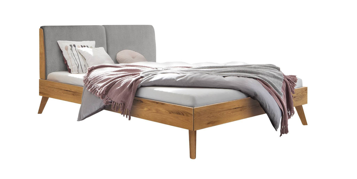 Hasena Simone Bett mit Polsterkopfteil – 140 x 200 cm, Fusshöhe 20 cm, Wildeiche natur, geölt, Pace light grey