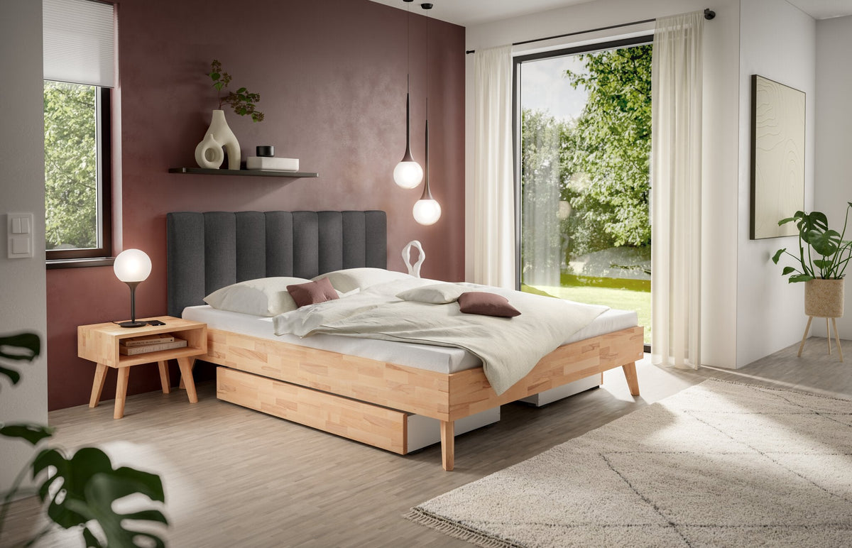 Hasena Taliana Massivholzbett mit Polsterkopfteil – 140 x 200 cm, Fusshöhe 25 cm, Kernbuche natur, geölt, Pace grey