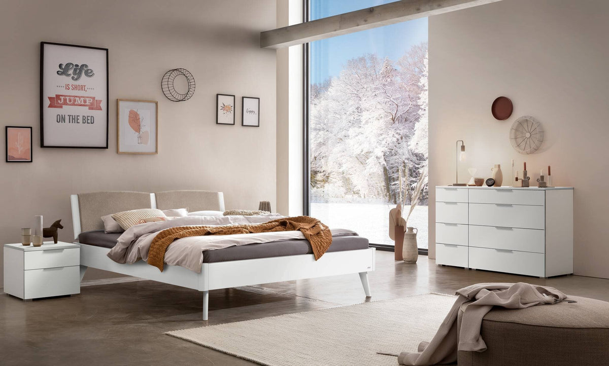 Hasena Fabro Bett mit Polsterkopfteil – 160 x 200 cm, Fusshöhe 20 cm, Eiche bright, geölt, 842-Pace sand