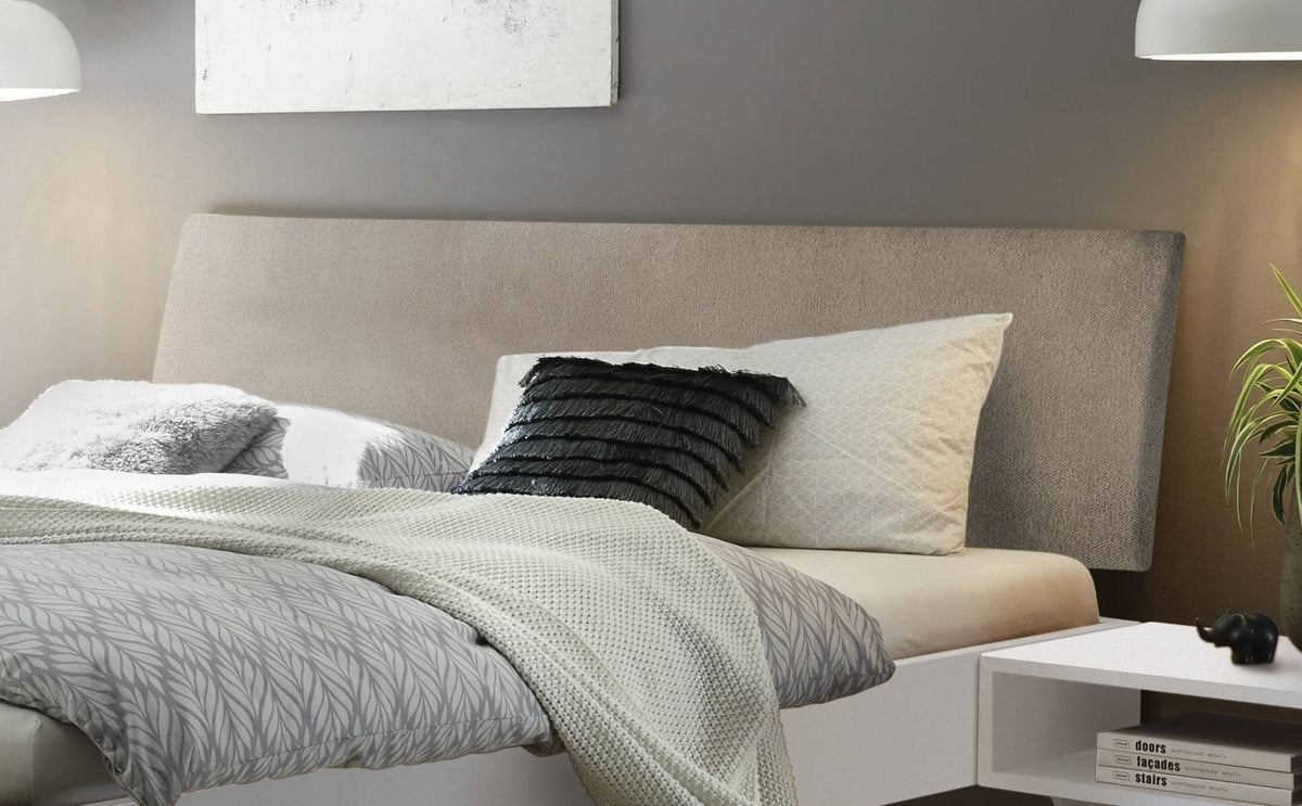 Hasena Pesaro Bett mit Polsterkopfteil – 100 x 200 cm, Fusshöhe 20 cm, Eiche bright, geölt, Monet steel