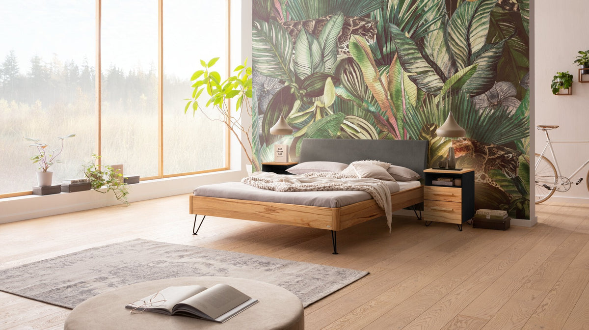 Hasena Lugano Massivholzbett mit Polsterkopfteil – 160 x 200 cm, Wildbuche natur, geölt, 841-Pace grey