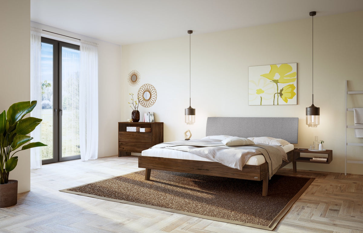 Hasena Lorenzo Bettgestell – 90 x 200 cm, Fusshöhe 25 cm, Nussbaum, geölt, Pace light grey