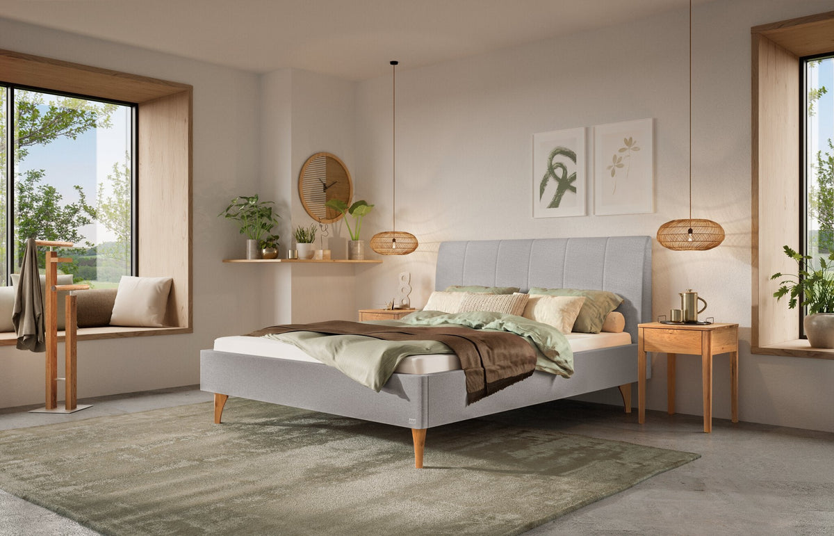 Hasena Elisa Polsterbett – 140 x 200 cm, Fusshöhe 25 cm, Wildeiche natur, geölt, Pace light grey