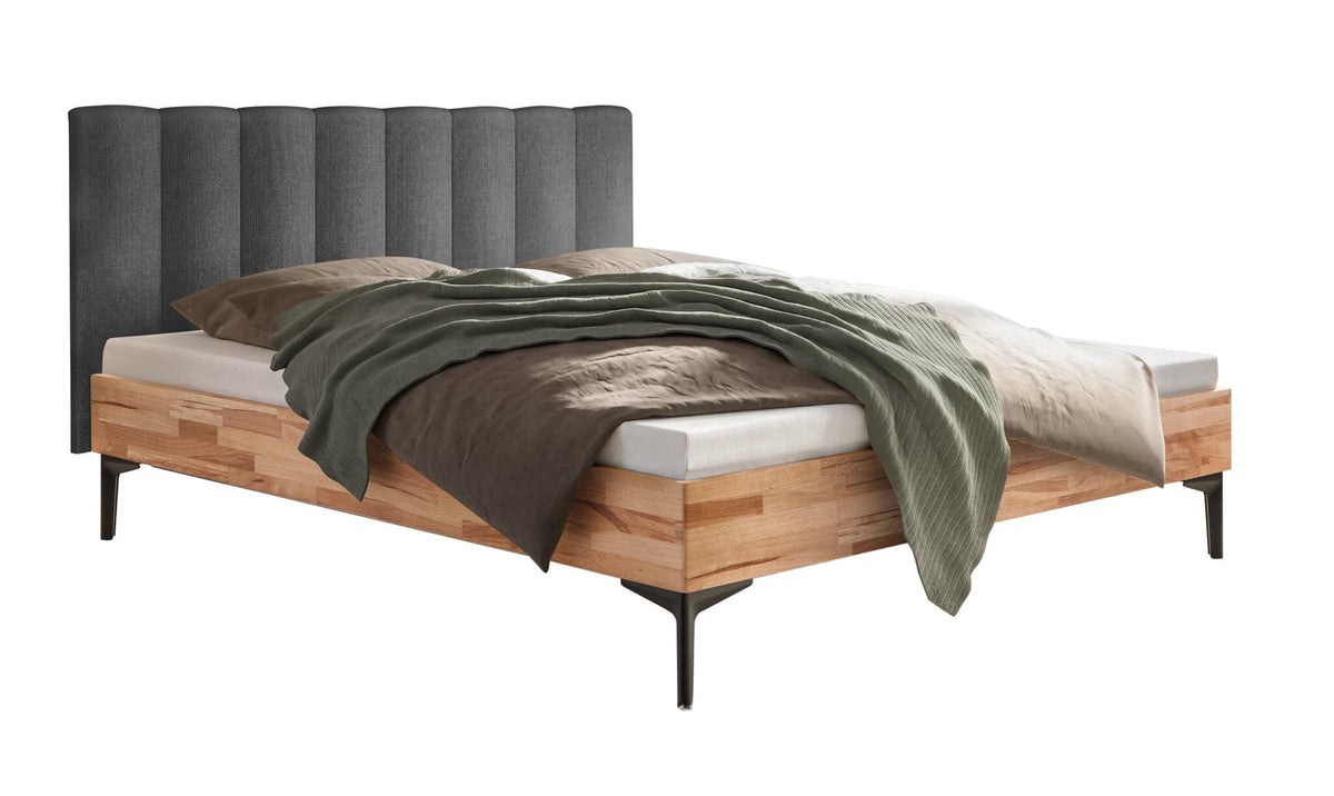 Hasena Donata Massivholzbett mit Polsterkopfteil – 140 x 200 cm, Fusshöhe 20 cm, Kernbuche natur, geölt, Pace grey