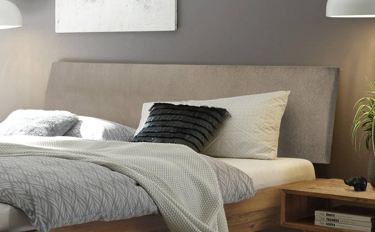 Hasena Pesaro Bett mit Polsterkopfteil – 100 x 200 cm, Fusshöhe 25 cm, Eiche bright, geölt, Monet steel