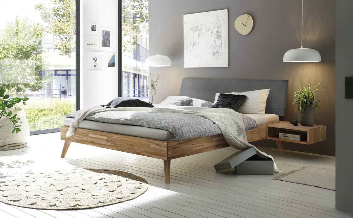 Hasena Pesaro Bett mit Polsterkopfteil – 90 x 200 cm, Fusshöhe 25 cm, Kernbuche natur, geölt, Pace grey