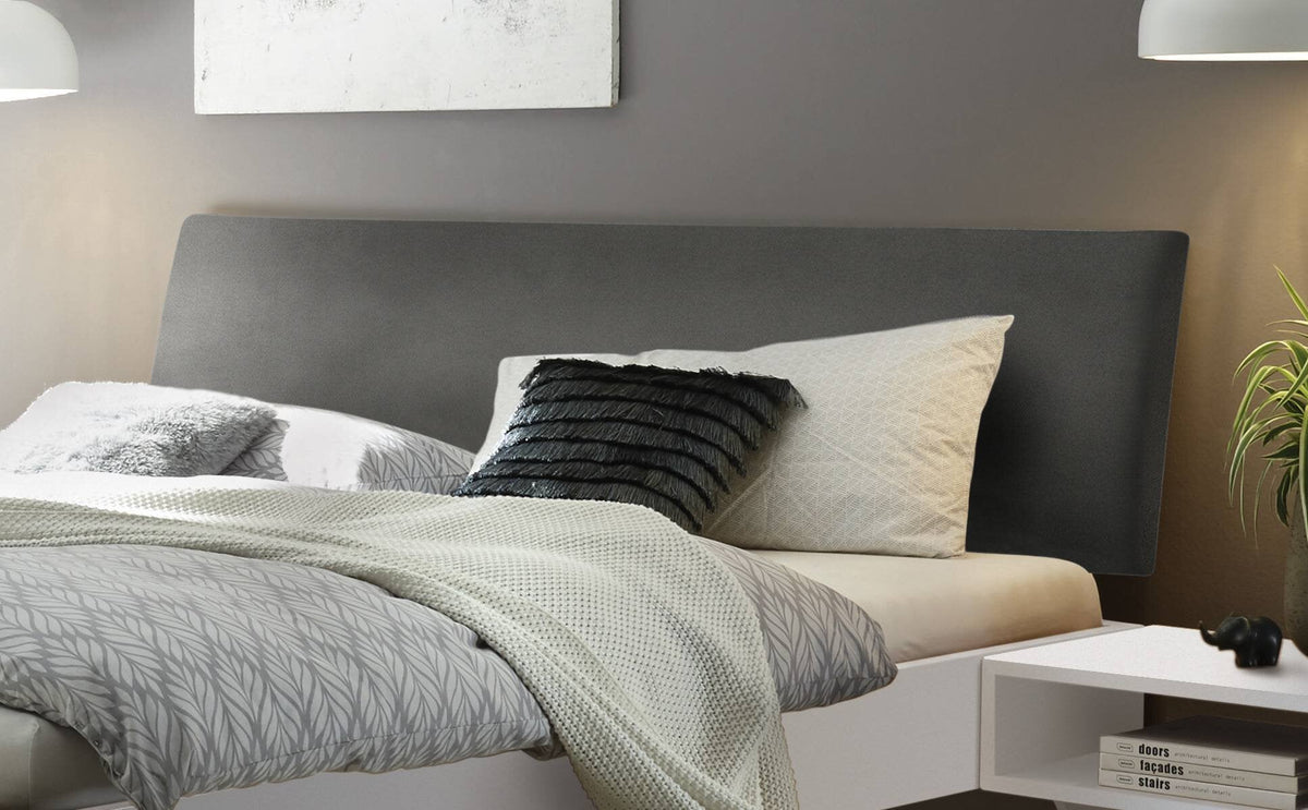 Hasena Pesaro Bett mit Polsterkopfteil – 100 x 200 cm, Fusshöhe 20 cm, MDF weiss deckend, lackiert, Monet steel
