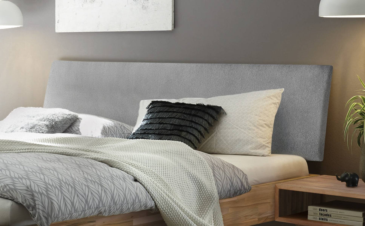 Hasena Pesaro Bett mit Polsterkopfteil – 100 x 200 cm, Fusshöhe 20 cm, Nussbaum, geölt, Monet steel