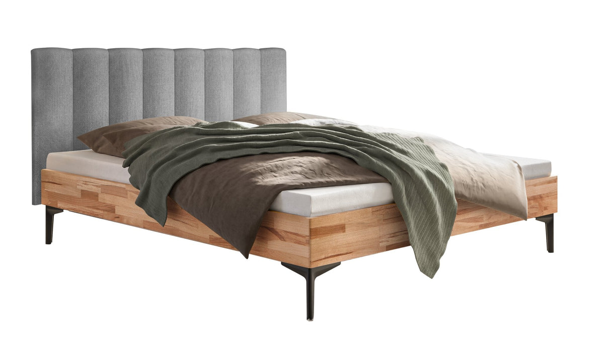 Hasena Donata Massivholzbett mit Polsterkopfteil – 140 x 200 cm, Fusshöhe 20 cm, Kernbuche natur, geölt, Pace light grey
