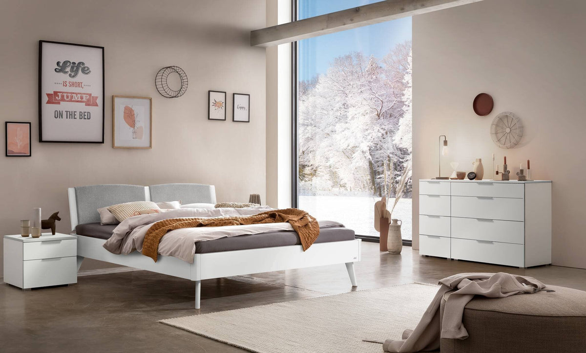 Hasena Fabro Bett mit Polsterkopfteil – 160 x 200 cm, Fusshöhe 20 cm, MDF weiss deckend, lackiert, 840-Pace light grey