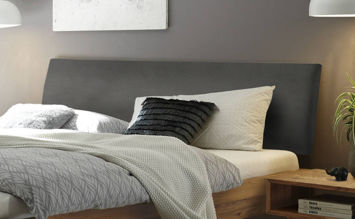 Hasena Pesaro Bett mit Polsterkopfteil – 100 x 200 cm, Fusshöhe 25 cm, MDF weiss deckend, lackiert, Monet steel