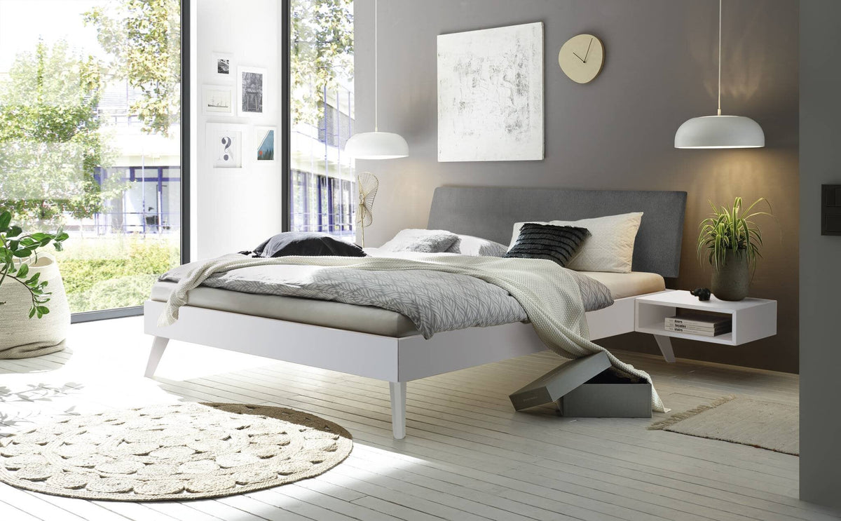 Hasena Pesaro Bett mit Polsterkopfteil – 90 x 200 cm, Fusshöhe 25 cm, MDF weiss deckend, lackiert, Pace grey