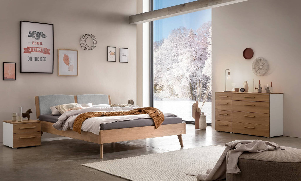 Hasena Fabro Bett mit Polsterkopfteil – 140 x 200 cm, Fusshöhe 25 cm, Eiche bright, geölt, 840-Pace light grey
