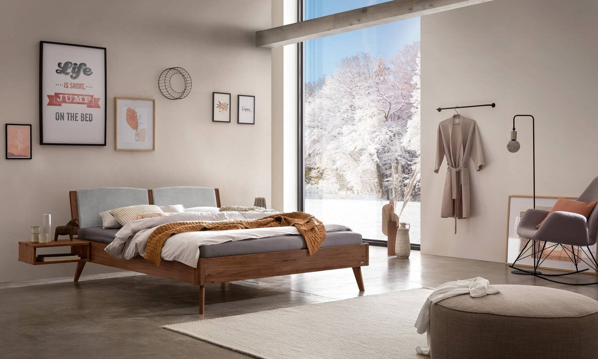 Hasena Fabro Bett mit Polsterkopfteil – 140 x 200 cm, Fusshöhe 25 cm, Nussbaum, geölt, 840-Pace light grey