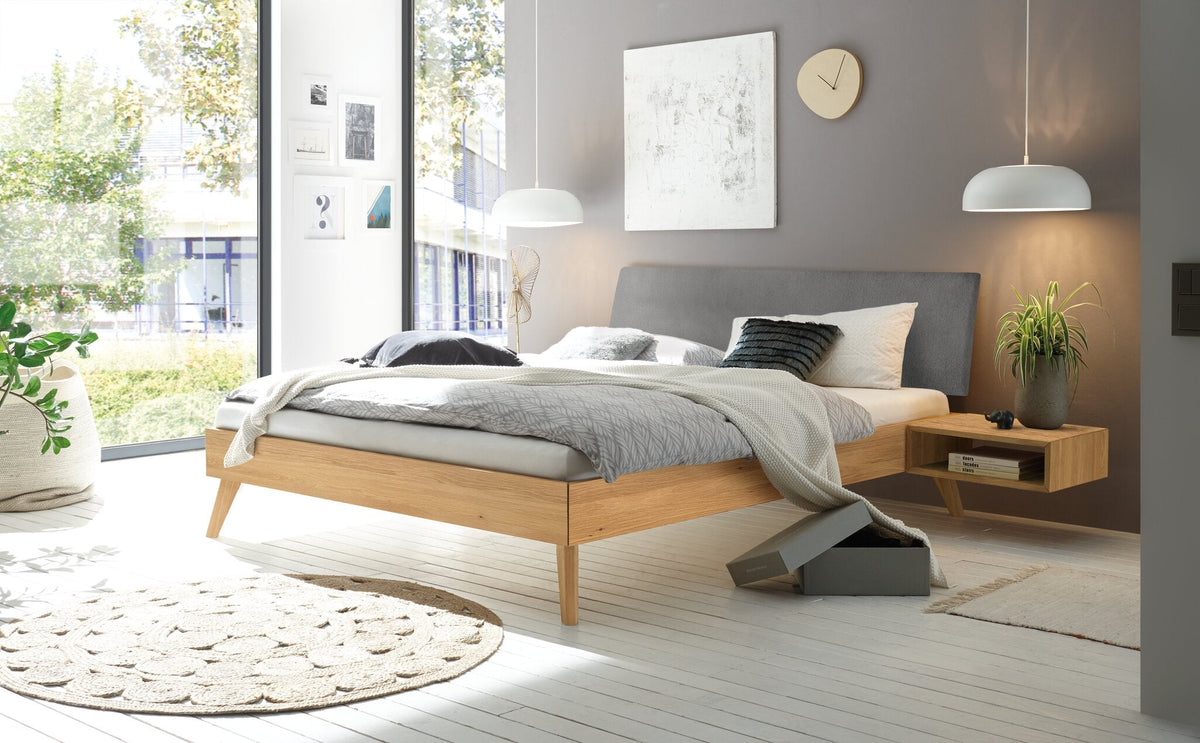 Hasena Pesaro Bett mit Polsterkopfteil – 90 x 200 cm, Fusshöhe 25 cm, Eiche bright, geölt, Pace grey