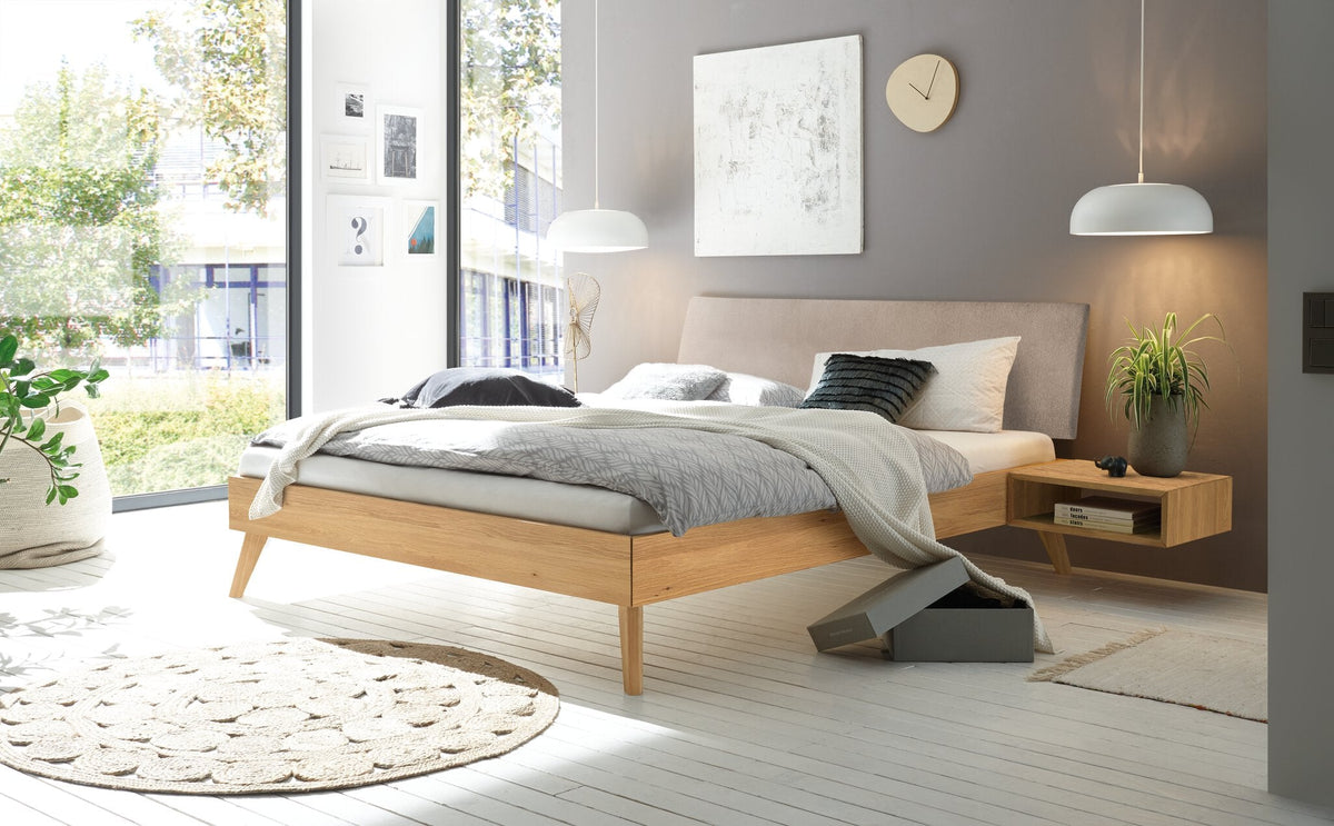 Hasena Pesaro Bett mit Polsterkopfteil – 90 x 200 cm, Fusshöhe 25 cm, Eiche bright, geölt, Pace sand