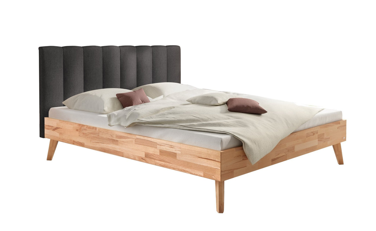 Hasena Taliana Massivholzbett mit Polsterkopfteil – 140 x 200 cm, Fusshöhe 20 cm, Kernbuche natur, geölt, Pace grey