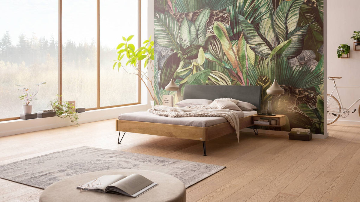 Hasena Lugano Massivholzbett mit Polsterkopfteil – 160 x 200 cm, Wildeiche natur, geölt, 841-Pace grey