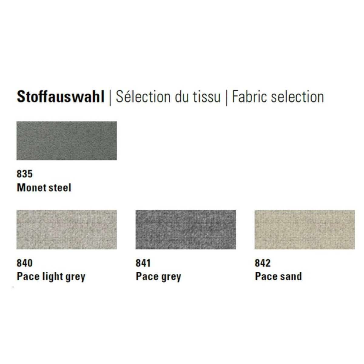 # Alt-Text

Stoffauswahl Farbmuster: Monet steel, Pace light grey, Pace grey, Pace sand - Möbelstoffe in Grautönen und Beige