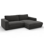 Graues Ecksofa mit Longchair, modernes Design, Feincord-Polsterung, Anthrazit-Farbe, hochwertige Schweizer Möbel.
