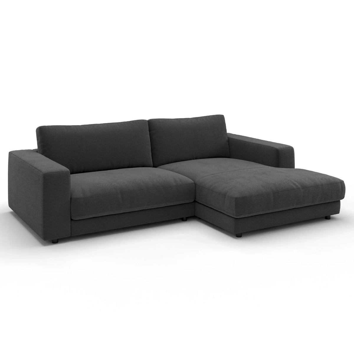 Graues Ecksofa mit Longchair, modernes Design, Feincord-Polsterung, Anthrazit-Farbe, hochwertige Schweizer Möbel.
