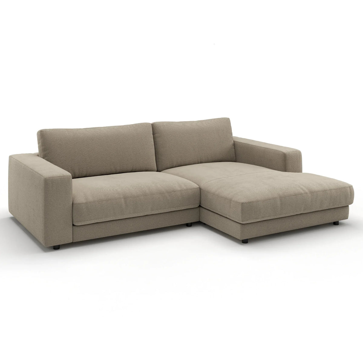 Moderne Eckcouch in Sand aus Feincord - stilvolles Sofa mit Longchair für gemütliche Wohnzimmer.