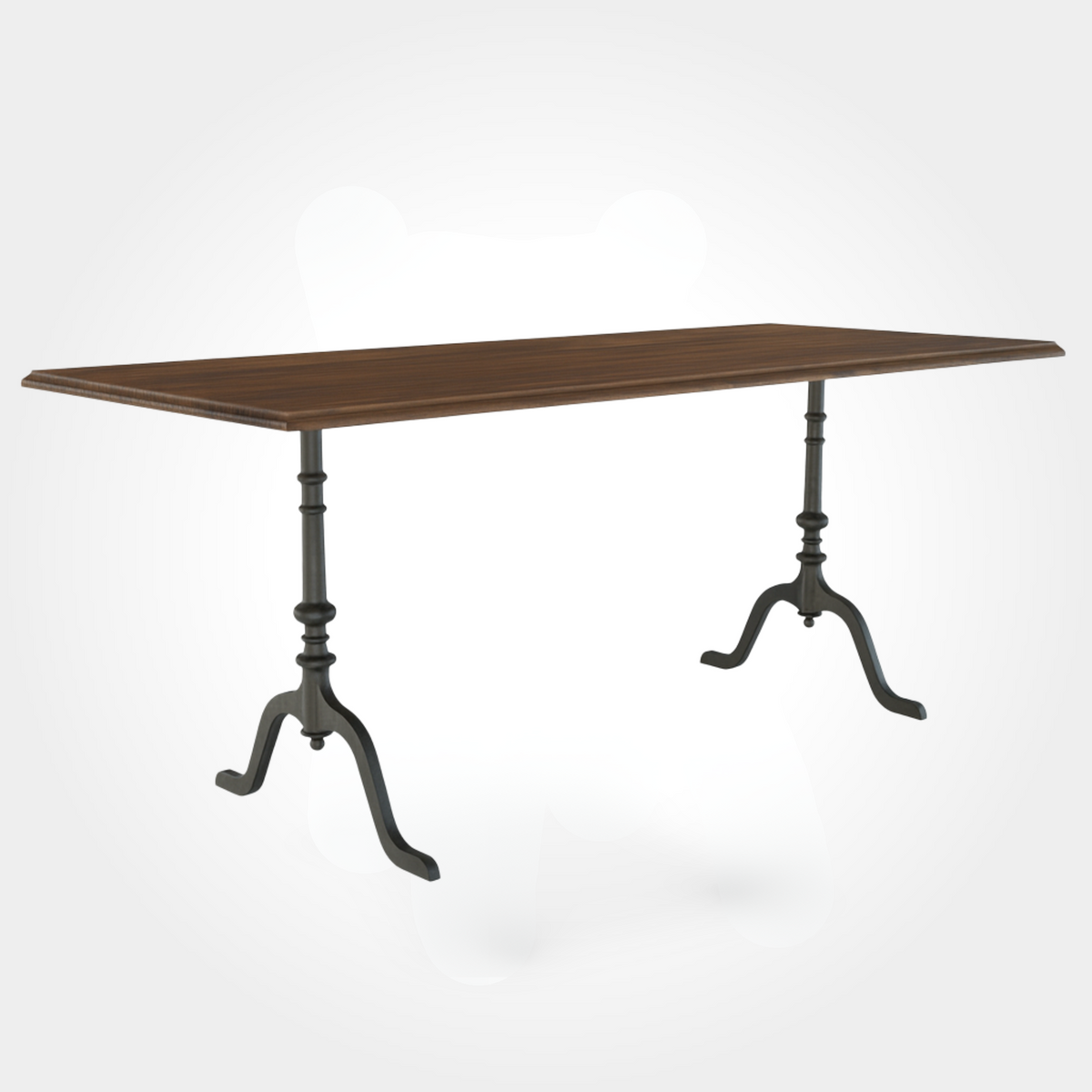 Rechteckiger Beizentisch mit eleganter Tischplatte aus amerikanischem Nussbaum. Zwei robuste Gussfüße mit je vier Beinen geben dem Tisch sicheren Stand – perfekt für Bars, Restaurants und traditionelle Beizen.