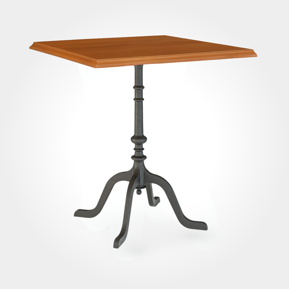 Quadratischer Bistrotisch mit massiver Tischplatte aus Kirschbaum. Der vierbeinige Gusseisenfuß bietet Stabilität und passt perfekt in gemütliche Bistros, Beizen und moderne Gastronomie.