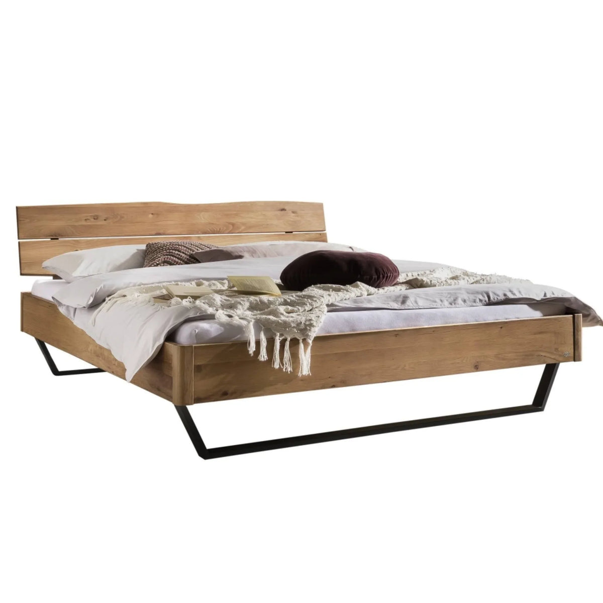 Modernes Holzbett mit Metallgestell, Eichenholz, Doppelbett mit Stauraum, Design-Schlafzimmermöbel