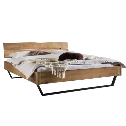 Modernes Holzbett mit Metallgestell, Eichenholz, Doppelbett mit Stauraum, Design-Schlafzimmermöbel