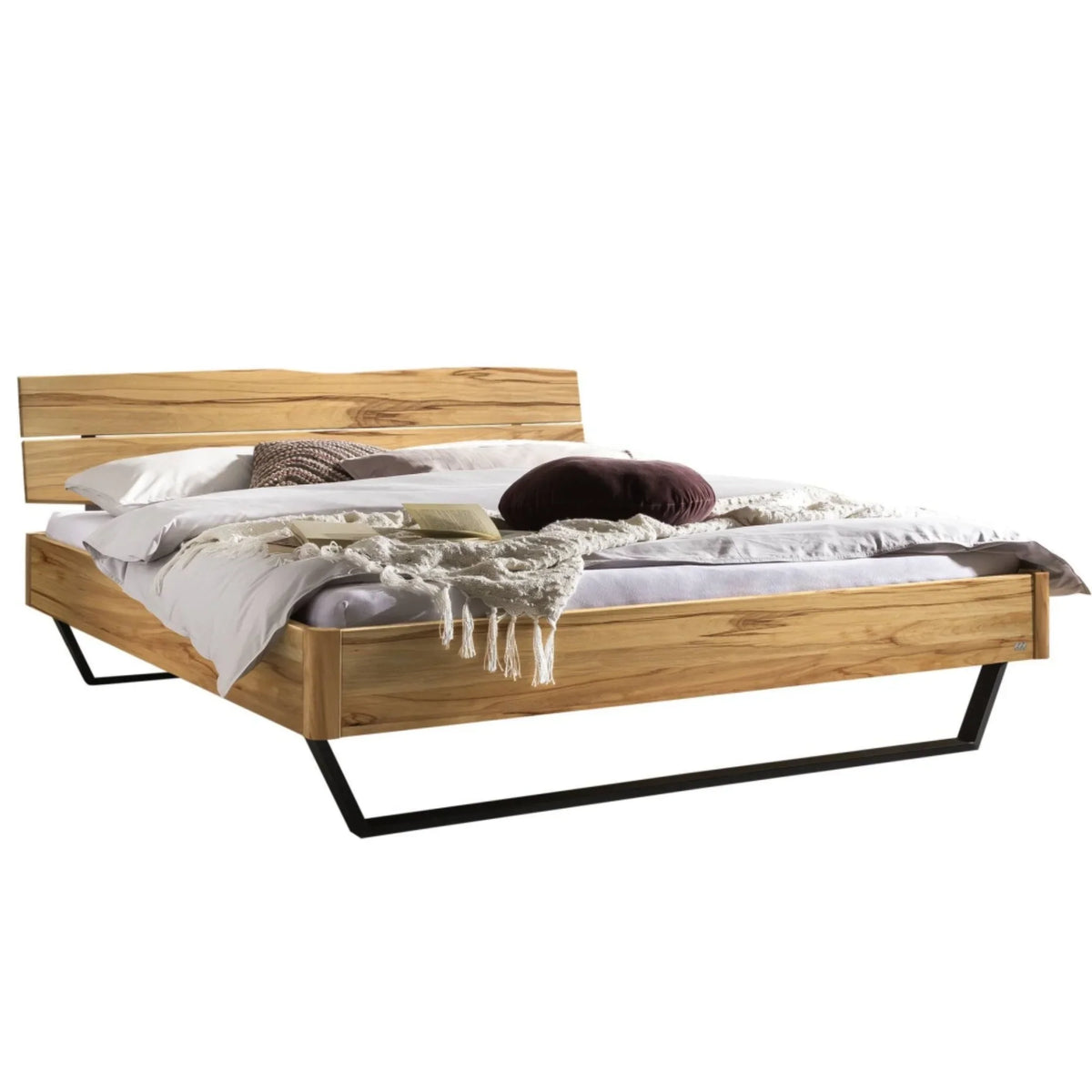 Modernes Holzbett mit Metallrahmen, Eichenholz, gepolstertem Kopfteil, ideal für Schlafzimmer