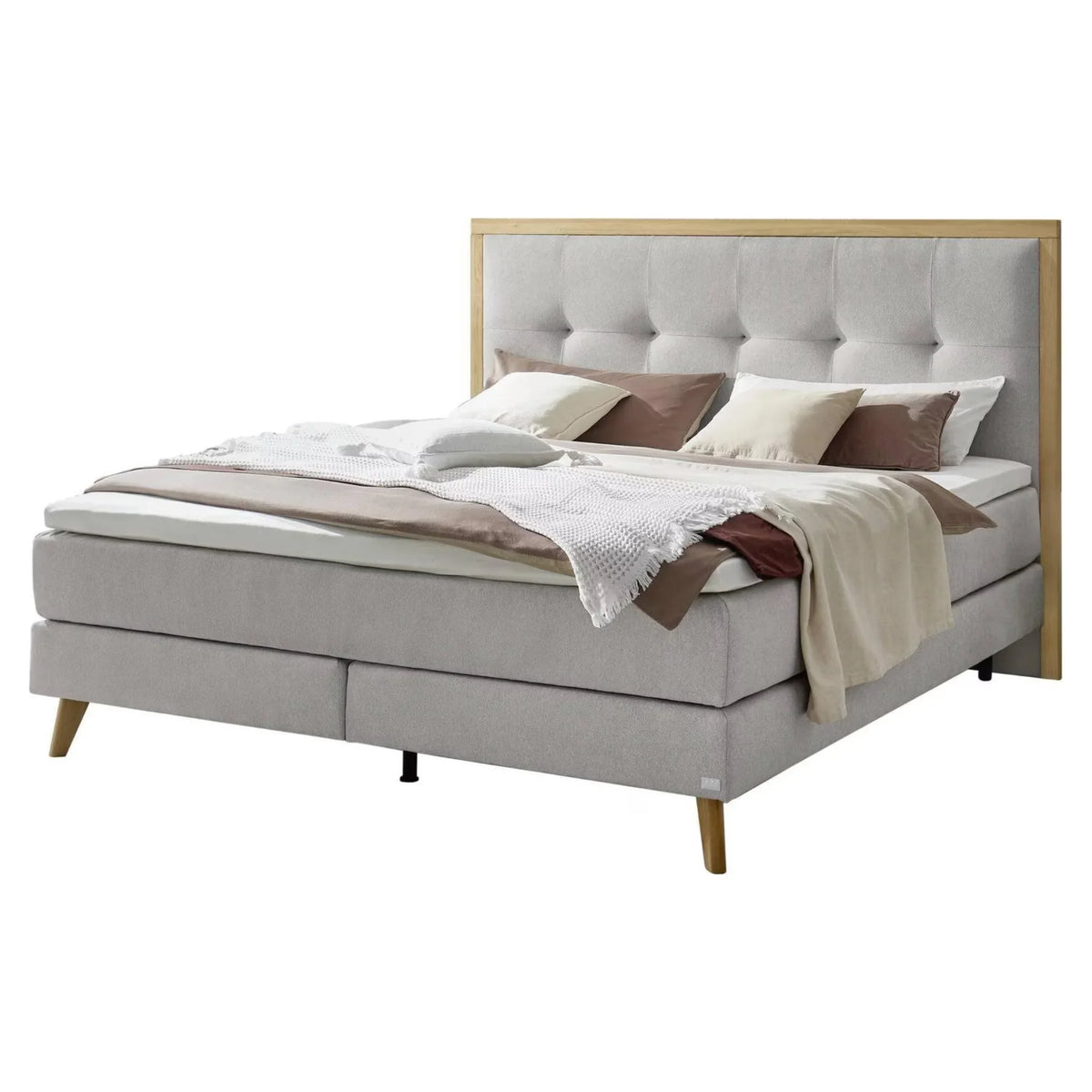 Boxspringbett grau mit Holzrahmen, Polsterkopfteil und Metallbeinen – modernes Schlafzimmer