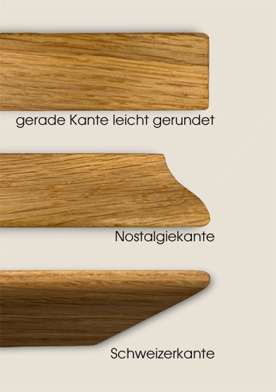 Darstellung von drei Tischkanten für Massivholztische: gerade Kante leicht gerundet, nostalgische Kante mit Schwung und elegante Schweizerkante.